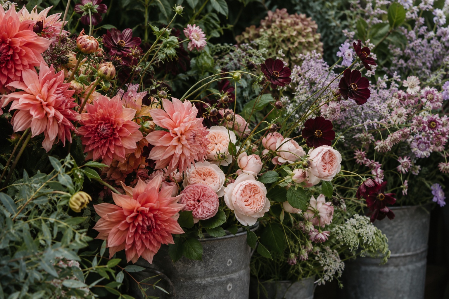 An abundant mix of pink, coral and burgundy seasonal flowers