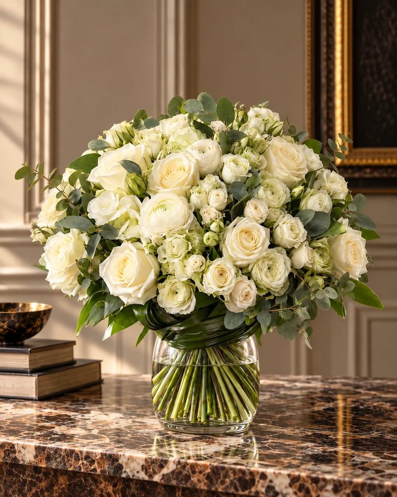 White rose and ranunculus-style bouquet